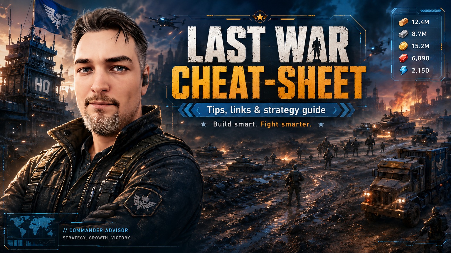 Last War Cheat-Sheet Header mit Commander, Basis, Icons und Schlachtfeld